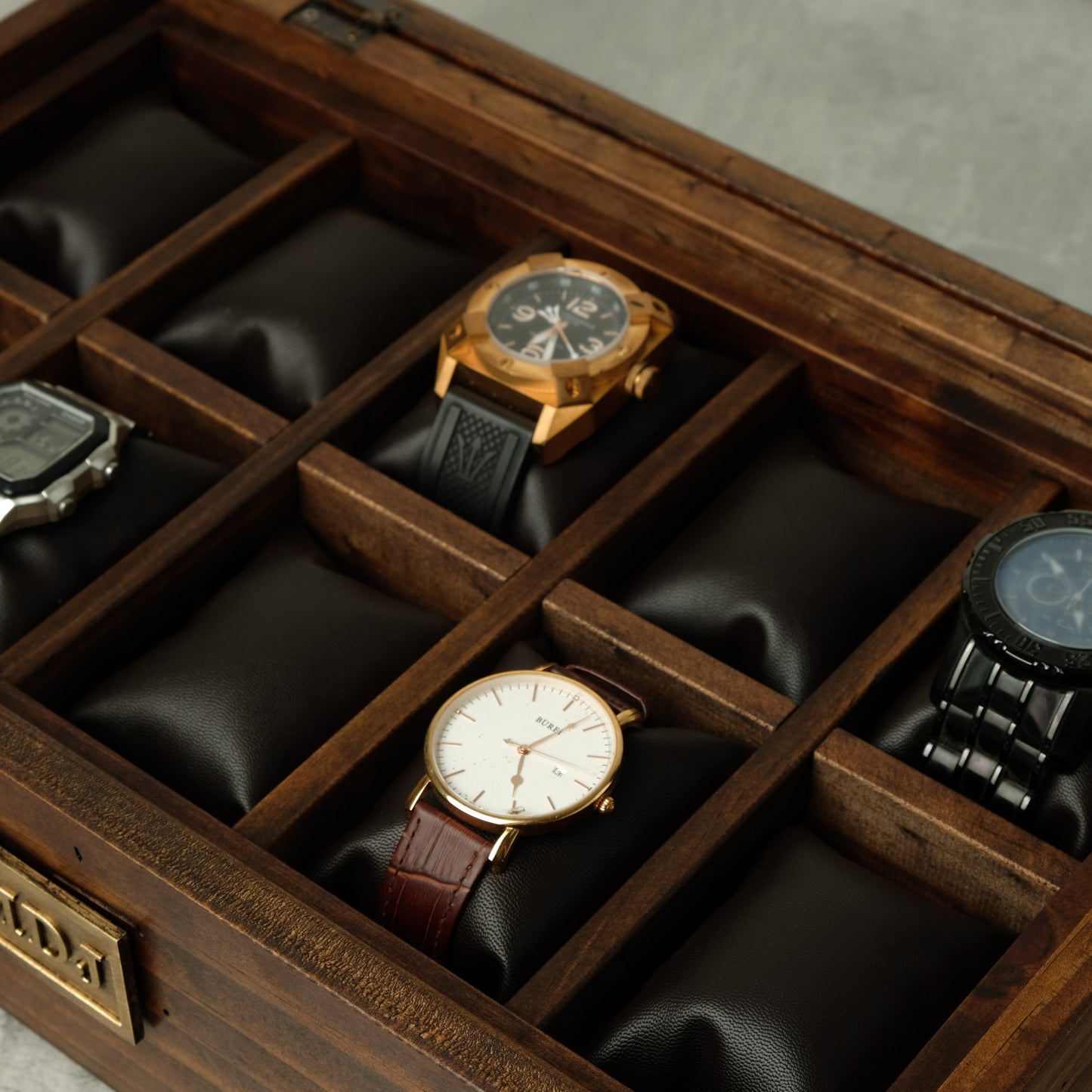 Watch Box for 10 Watches with Secret Compartment - Brass - Modern