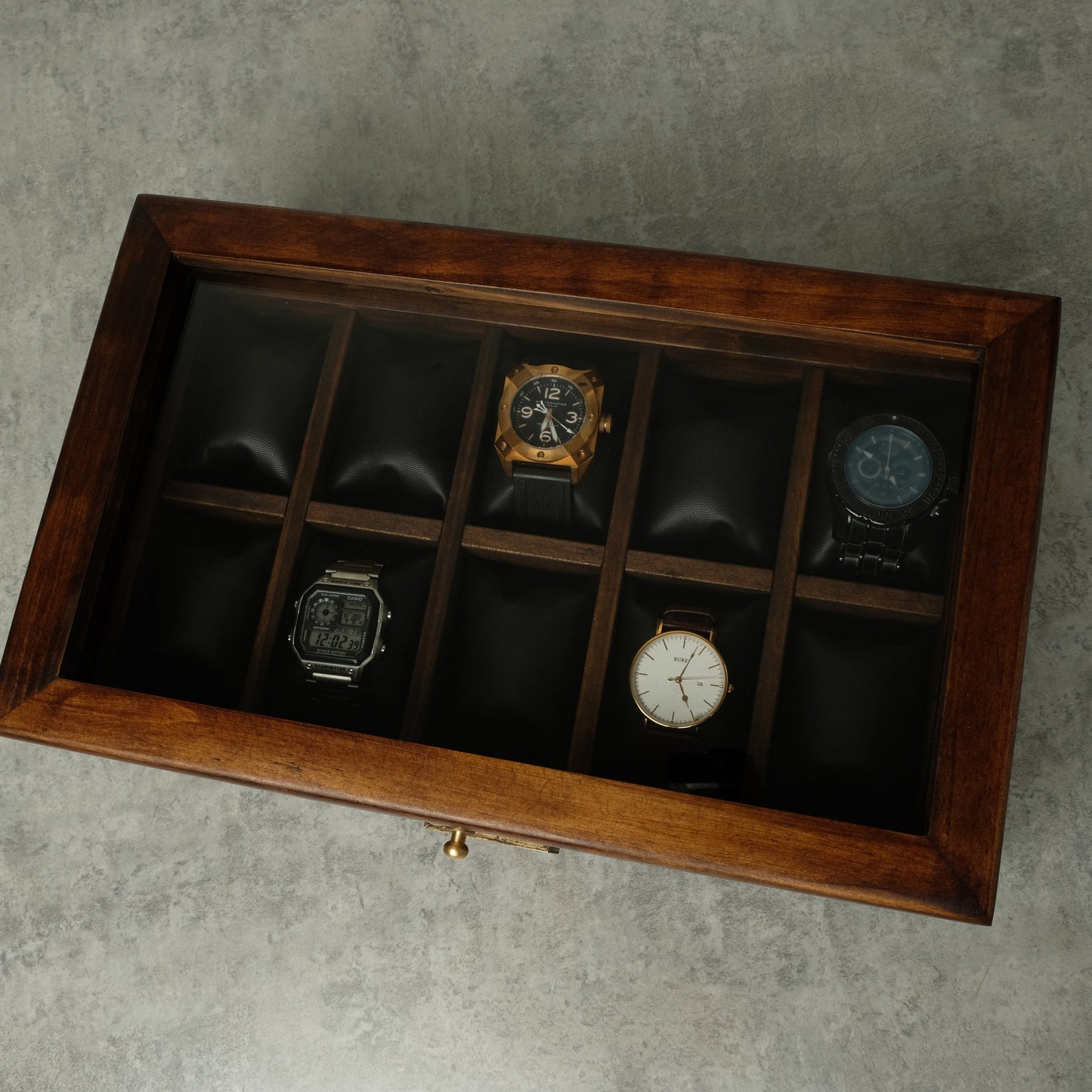 Watch Box for 10 Watches with Secret Compartment - Brass - Modern