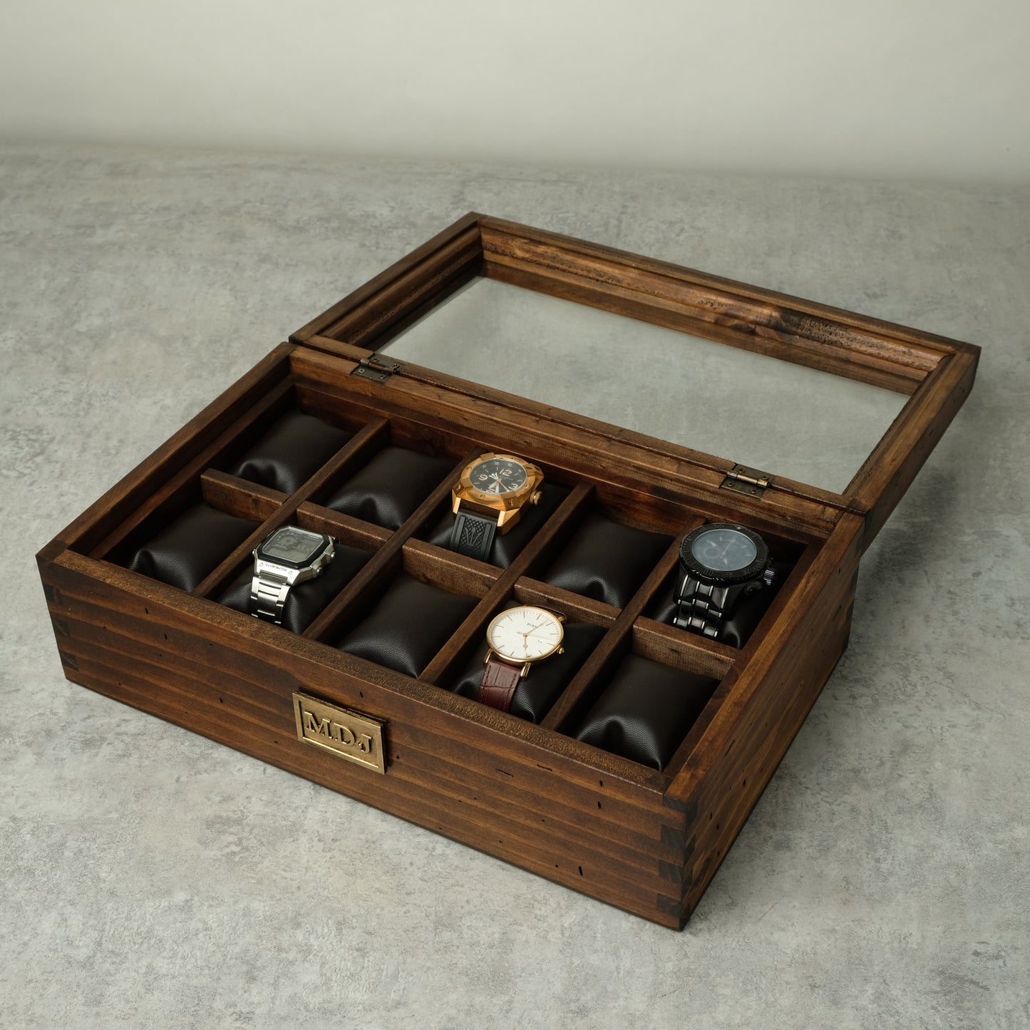 Watch Box for 10 Watches with Secret Compartment - Brass - Modern