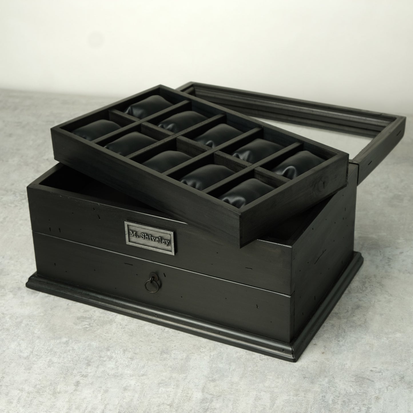 Watch Box for 20 Watches with Drawer Black Ebonized Wood