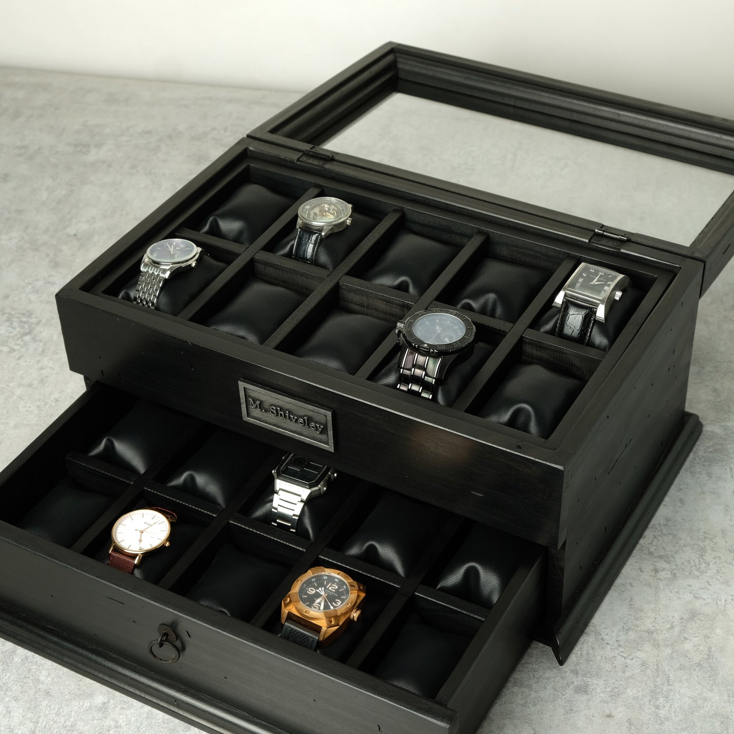 Watch Box for 20 Watches with Drawer Black Ebonized Wood