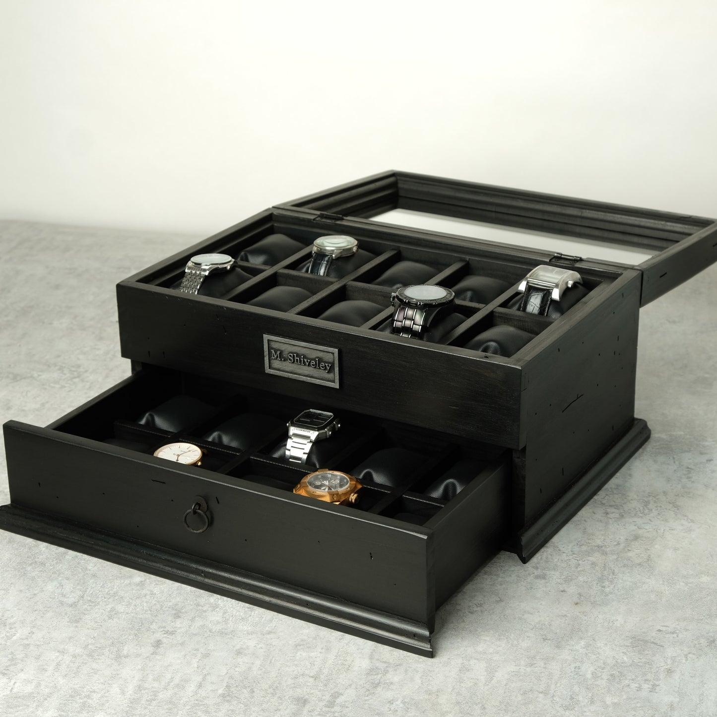 Watch Box for 20 Watches with Drawer Black Ebonized Wood