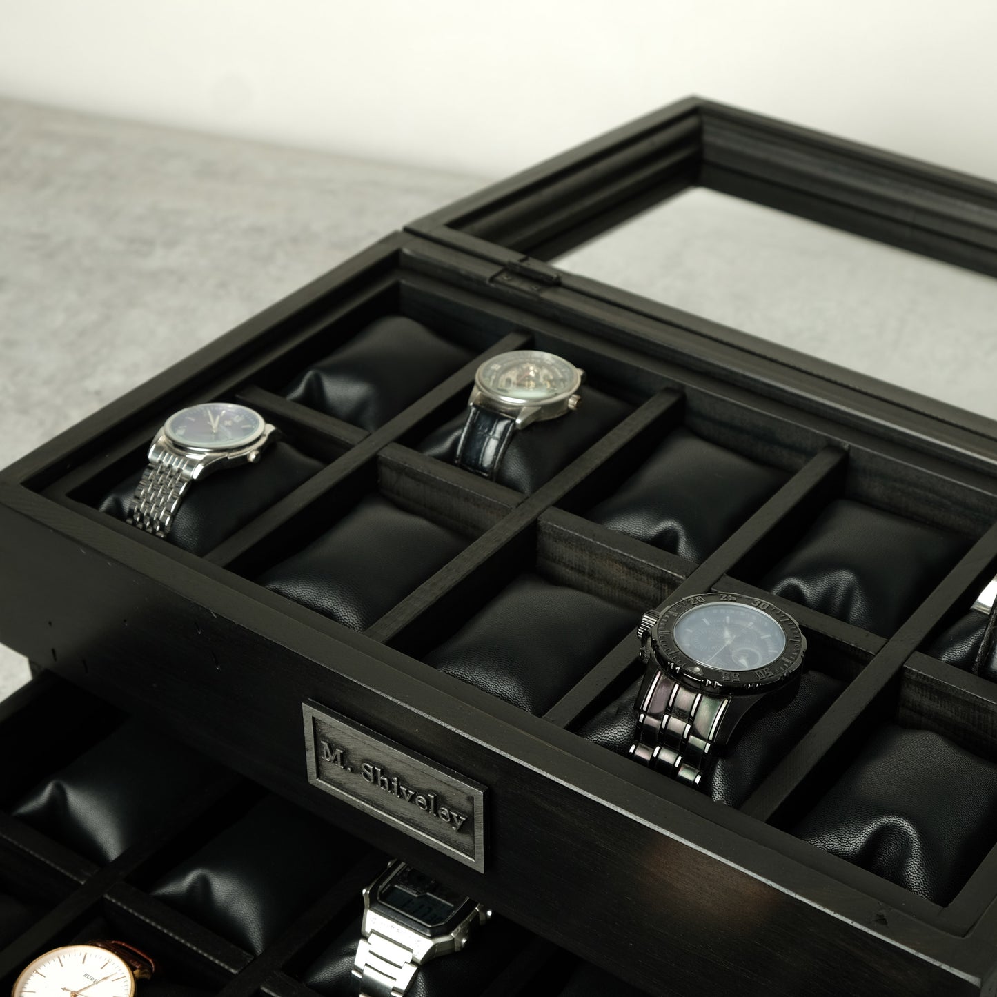 Watch Box for 20 Watches with Drawer Black Ebonized Wood