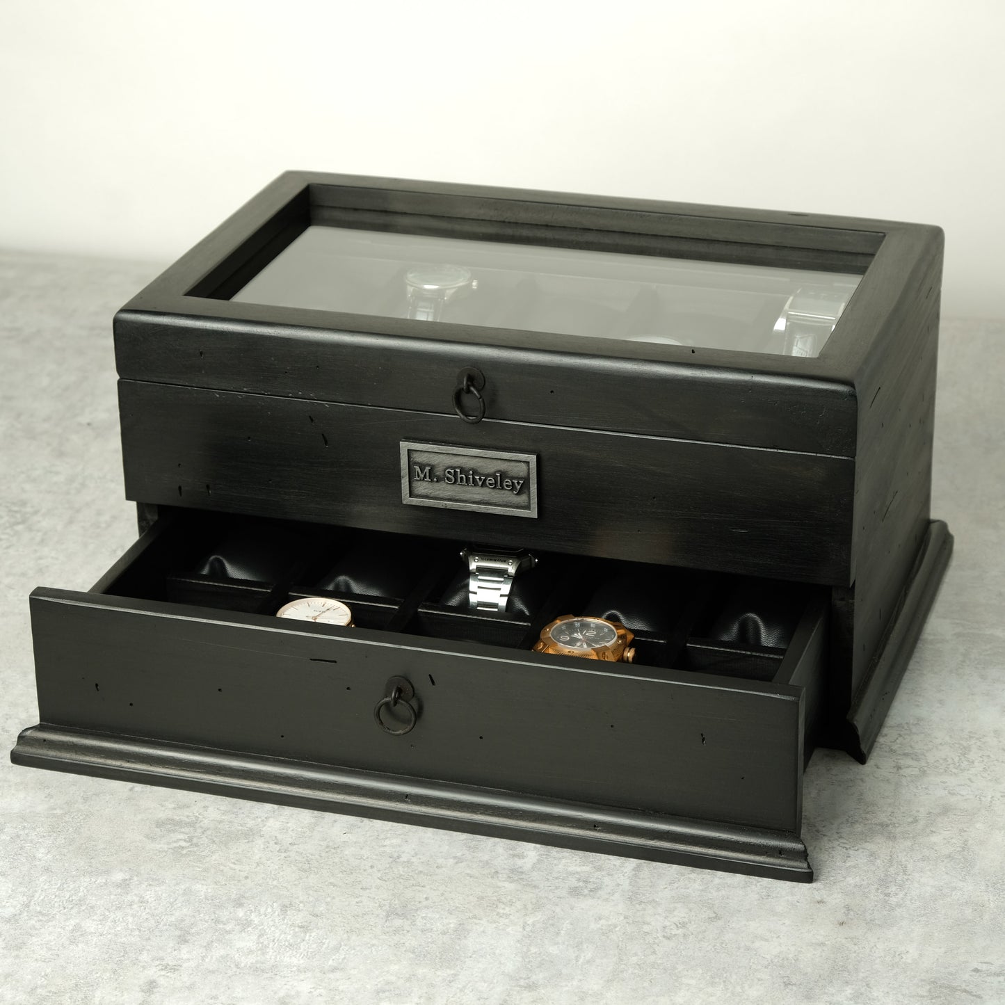 Watch Box for 20 Watches with Drawer Black Ebonized Wood