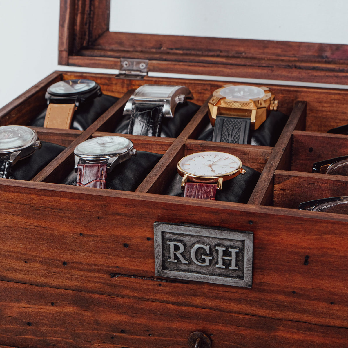 Solid Wood Watch Box with Drawer - holds 6 Watches and 3 Sunglasses - Deferichs