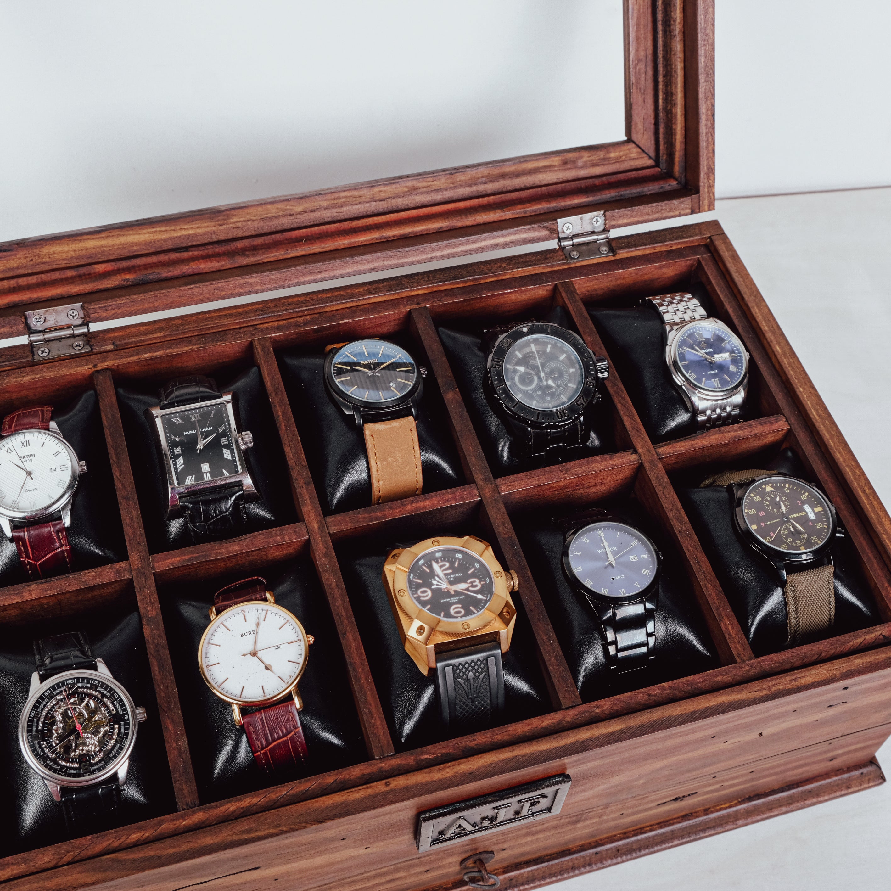 Black Distressed Wood Box Case 6 Watches Wide Compartment