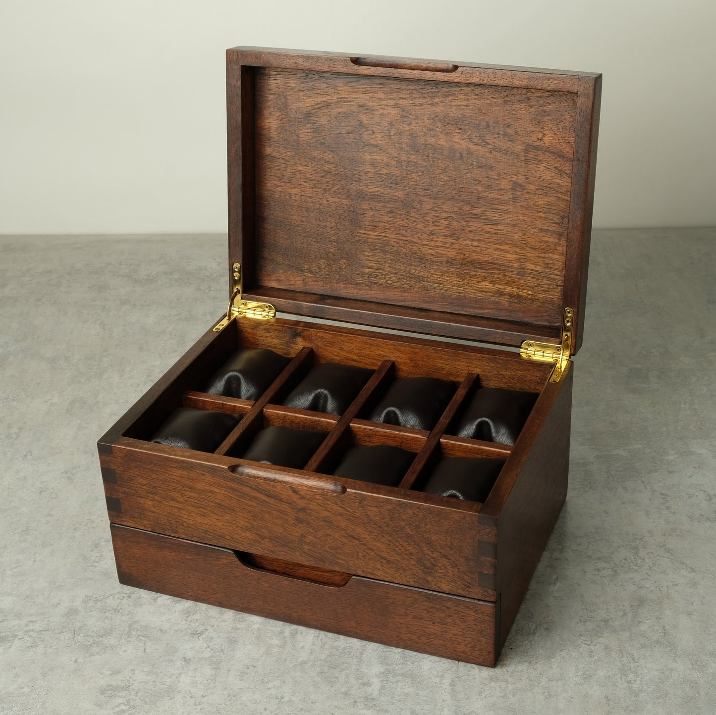 Watch Box made from Hardwood Tzalam for 8 Watches, open lid shows main compartment