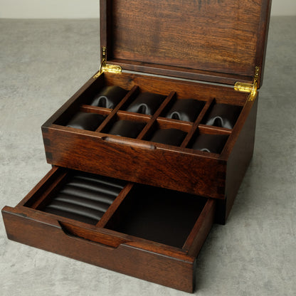 Watch Box made from Hardwood Tzalam for 8 Watches, shows open main compartment and open storage drawer, drawer interior features cufflink storage