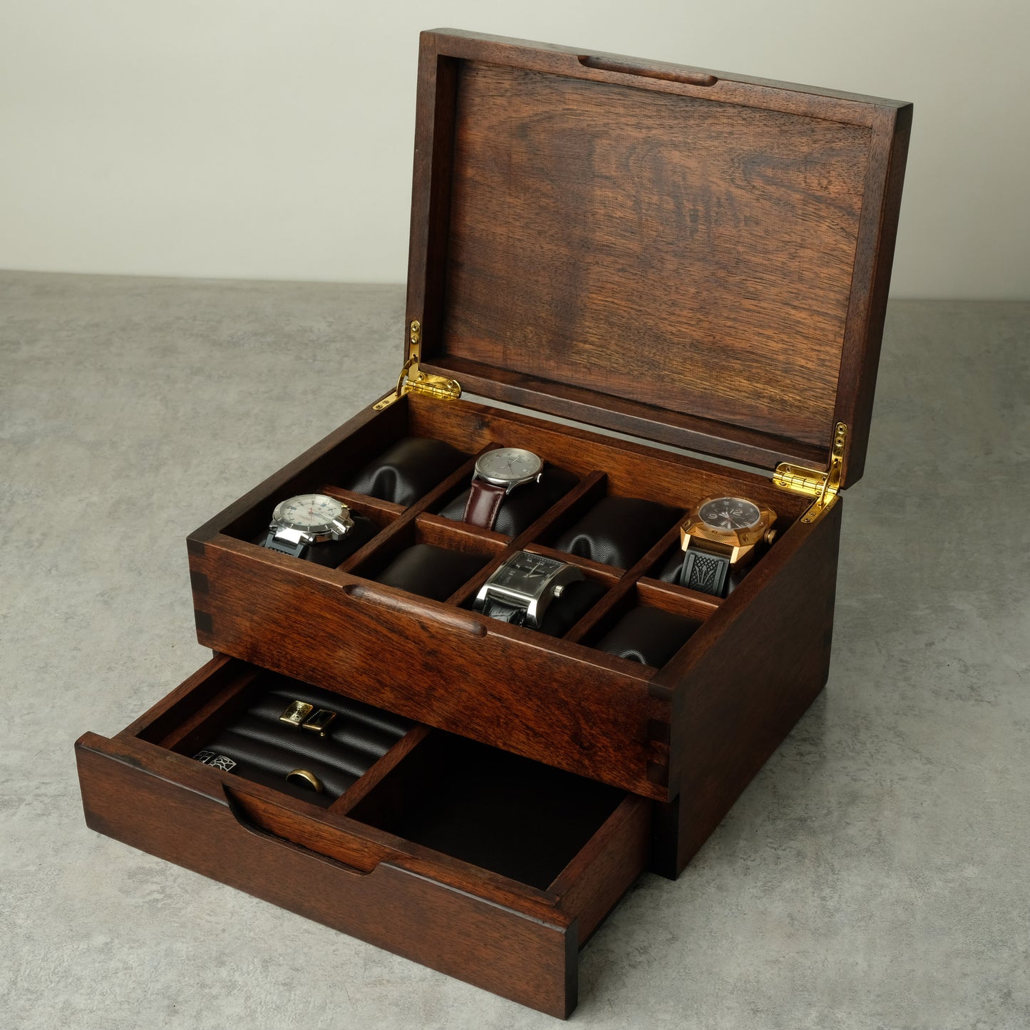 Watch Box made from Hardwood Tzalam for 8 Watches shows all compartment open 
