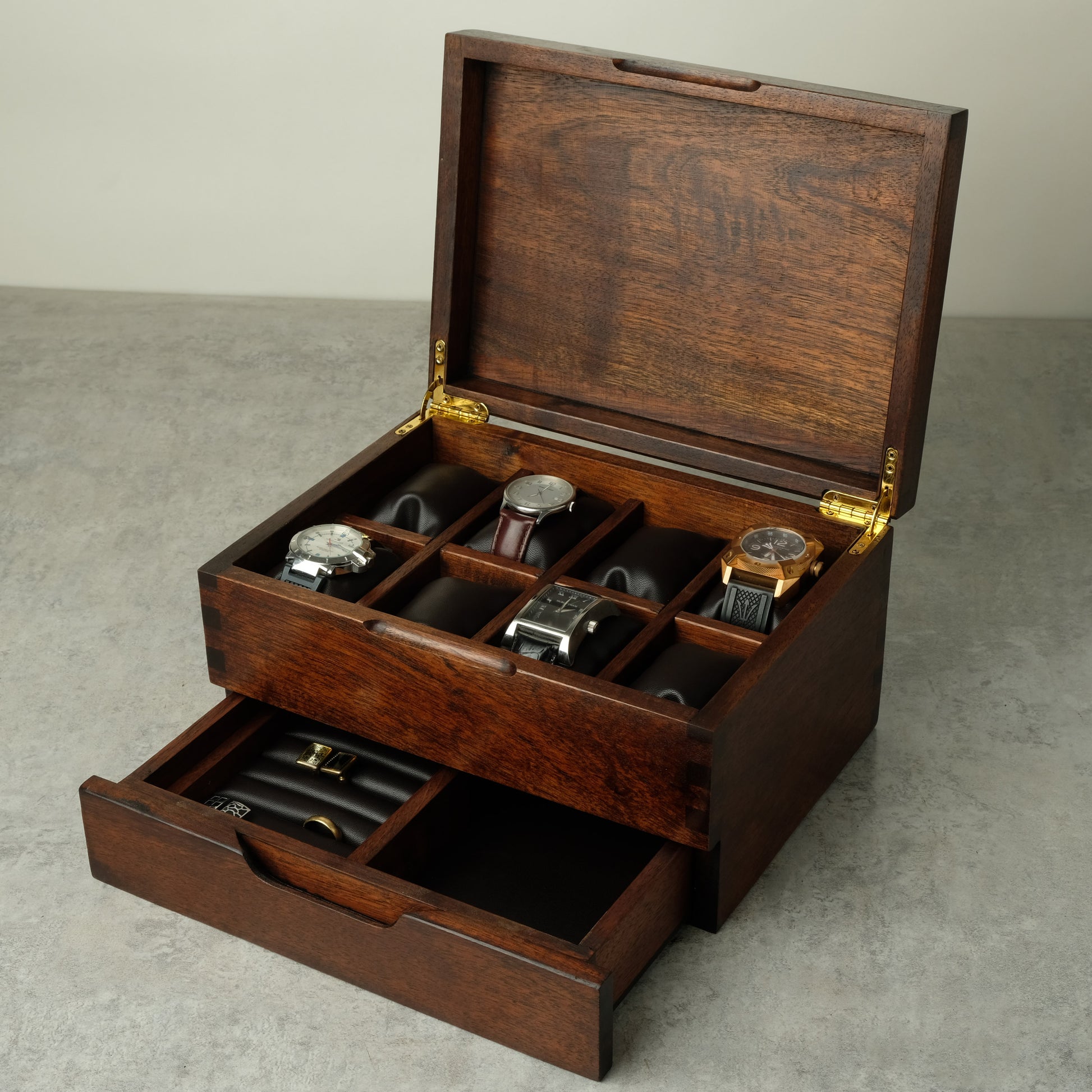 Watch Box made from Hardwood Tzalam for 8 Watches shows all compartment open 
