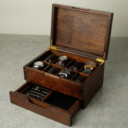 Watch Box made from Hardwood Tzalam for 8 Watches shows all compartment open 