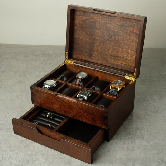 Watch Box made from Hardwood Tzalam for 8 Watches shows all compartment open 