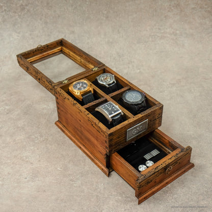 Watch Box for 4 Watches with Cufflink/Ring Holder Drawer - Deferichs
