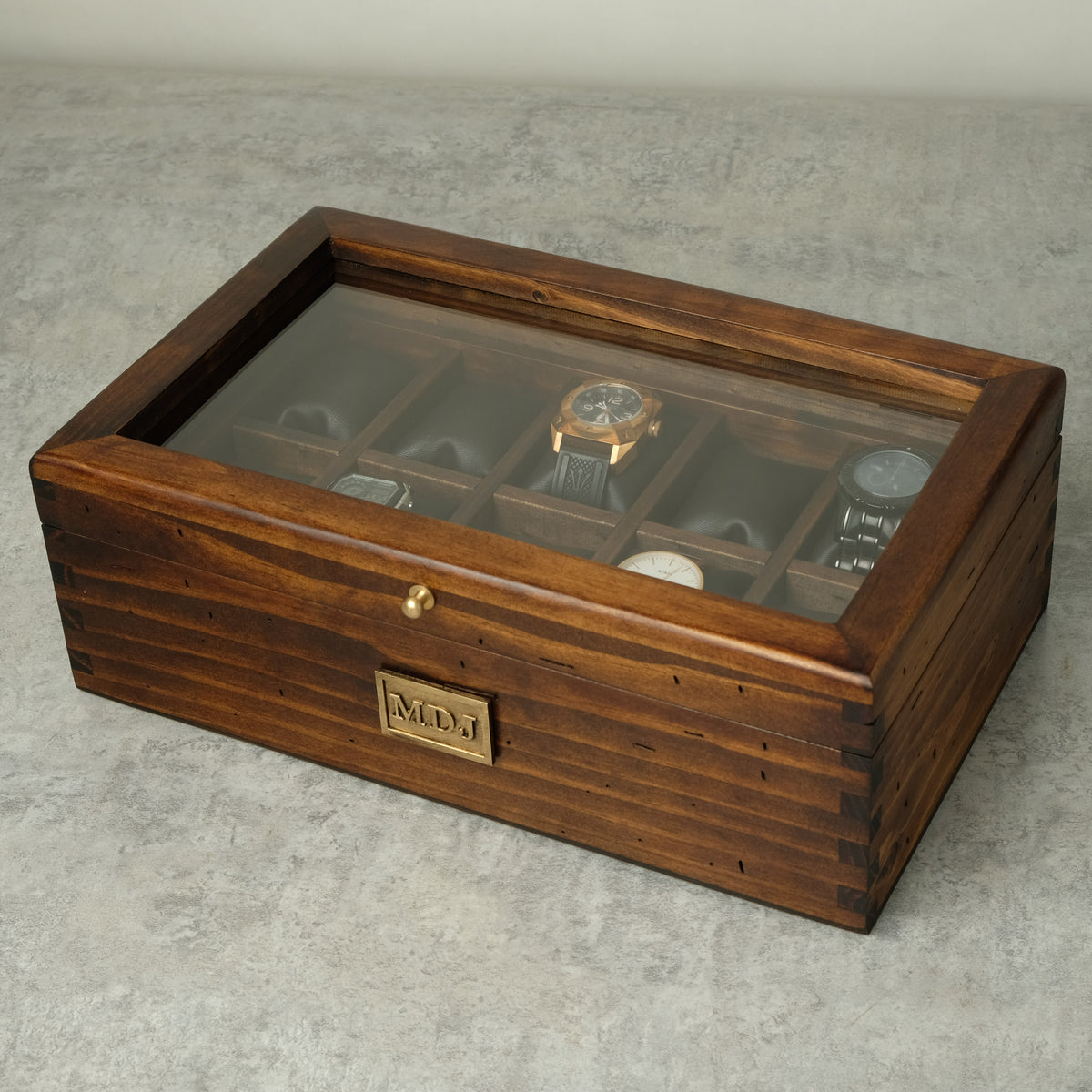 Watch Box for 10 Watches with Secret Compartment - Brass - Modern - Deferichs