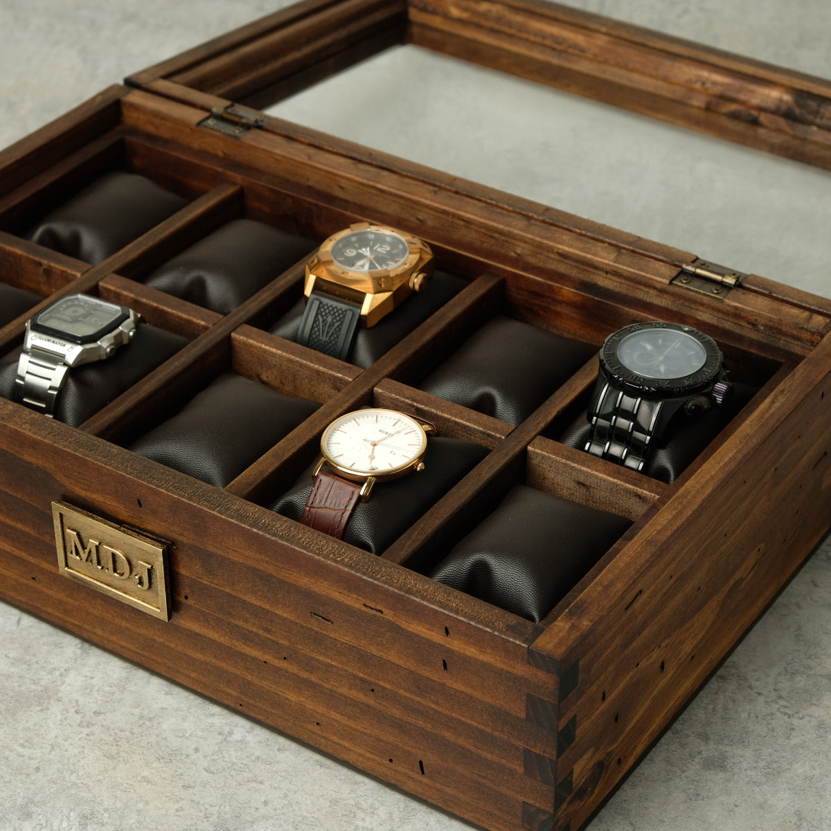 Watch Box for 10 Watches with Secret Compartment - Brass - Modern - Deferichs