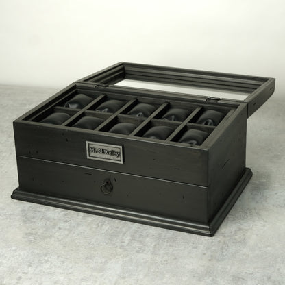 Watch Box for 20 Watches with Drawer Black Ebonized Wood