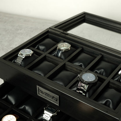 Watch Box for 20 Watches with Drawer Black Ebonized Wood