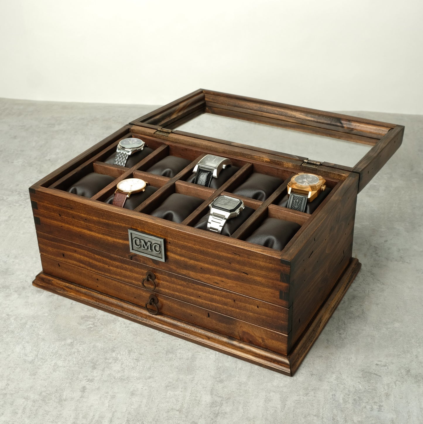 Watch Box for 10 Watches with Double Storage Drawer