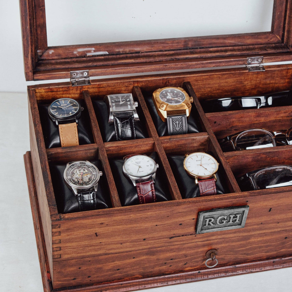 Solid Wood Watch Box with Drawer - holds 6 Watches and 3 Sunglasses - Deferichs