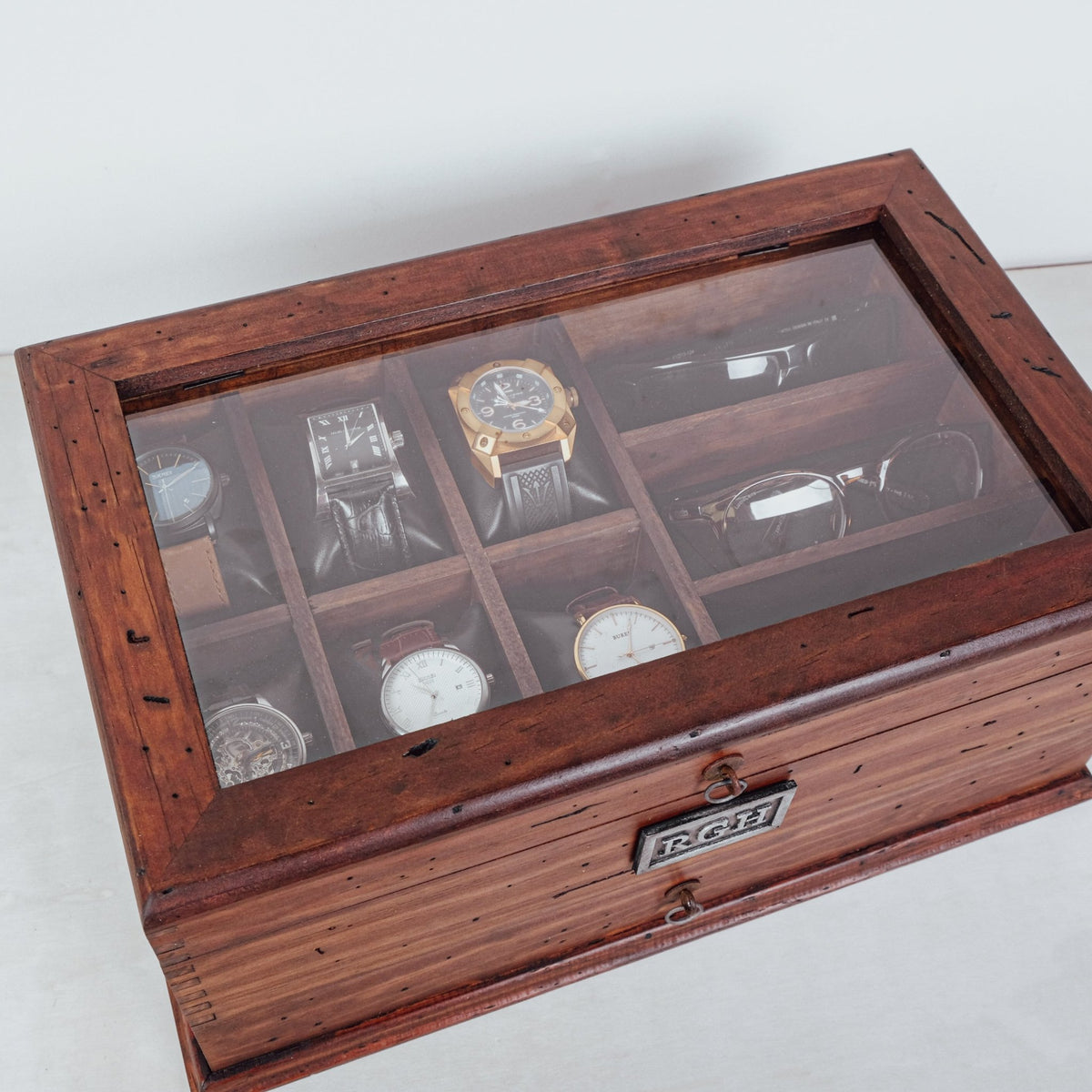 Solid Wood Watch Box with Drawer - holds 6 Watches and 3 Sunglasses - Deferichs