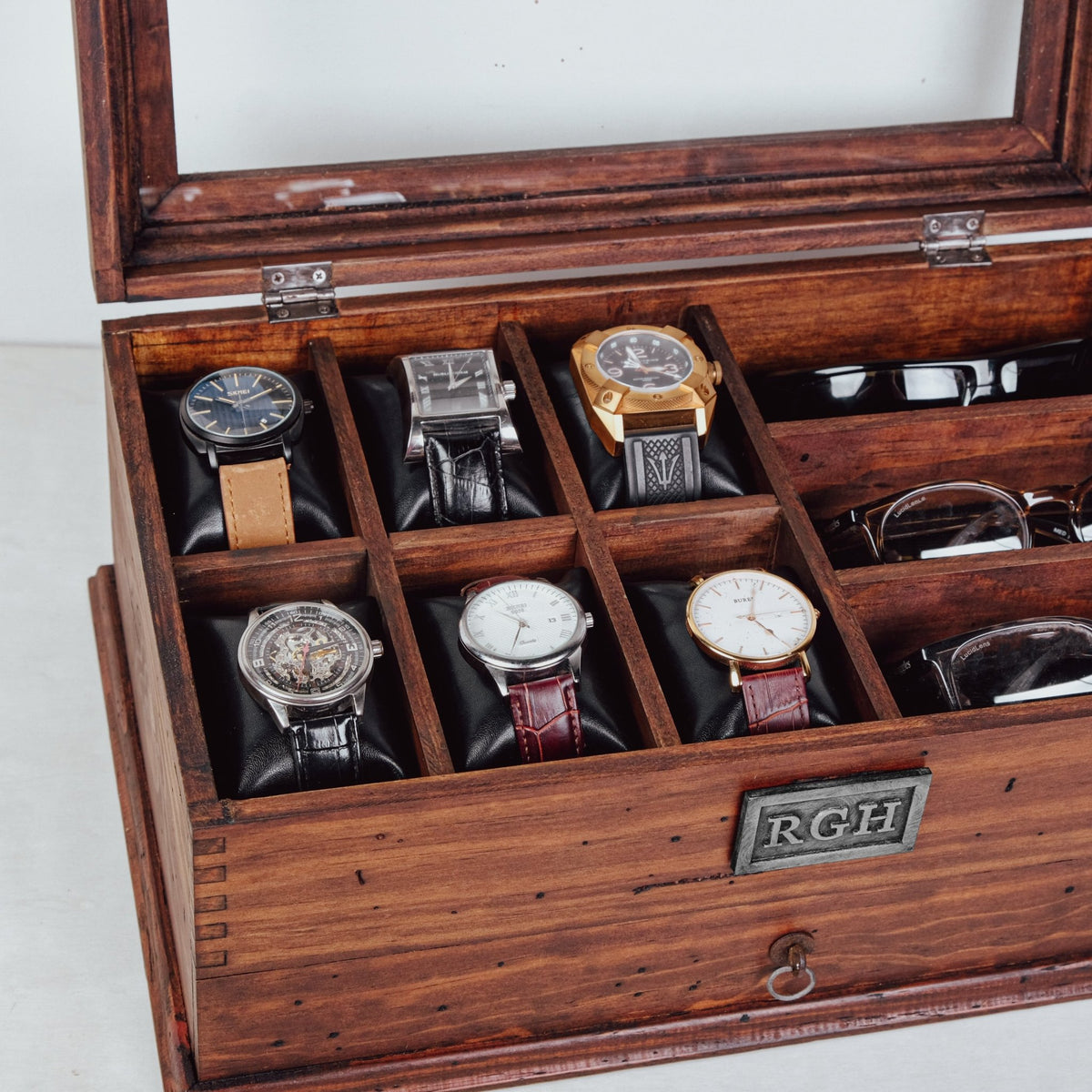 Solid Wood Watch Box with Drawer - holds 6 Watches and 3 Sunglasses - Deferichs
