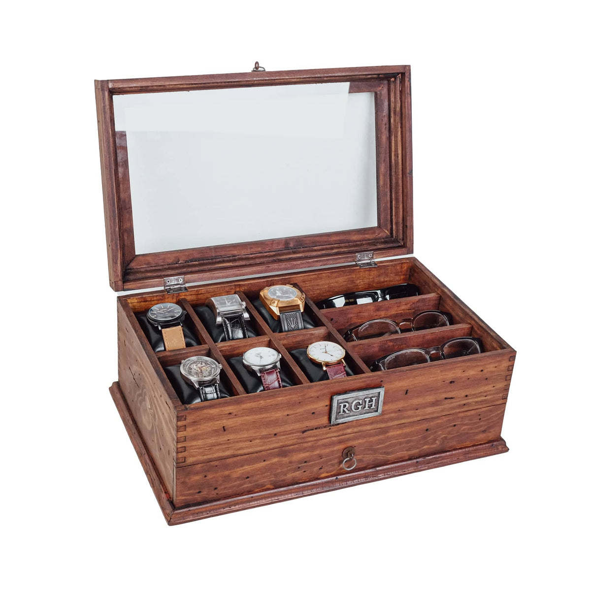 Solid Wood Watch Box with Drawer - holds 6 Watches and 3 Sunglasses - Deferichs
