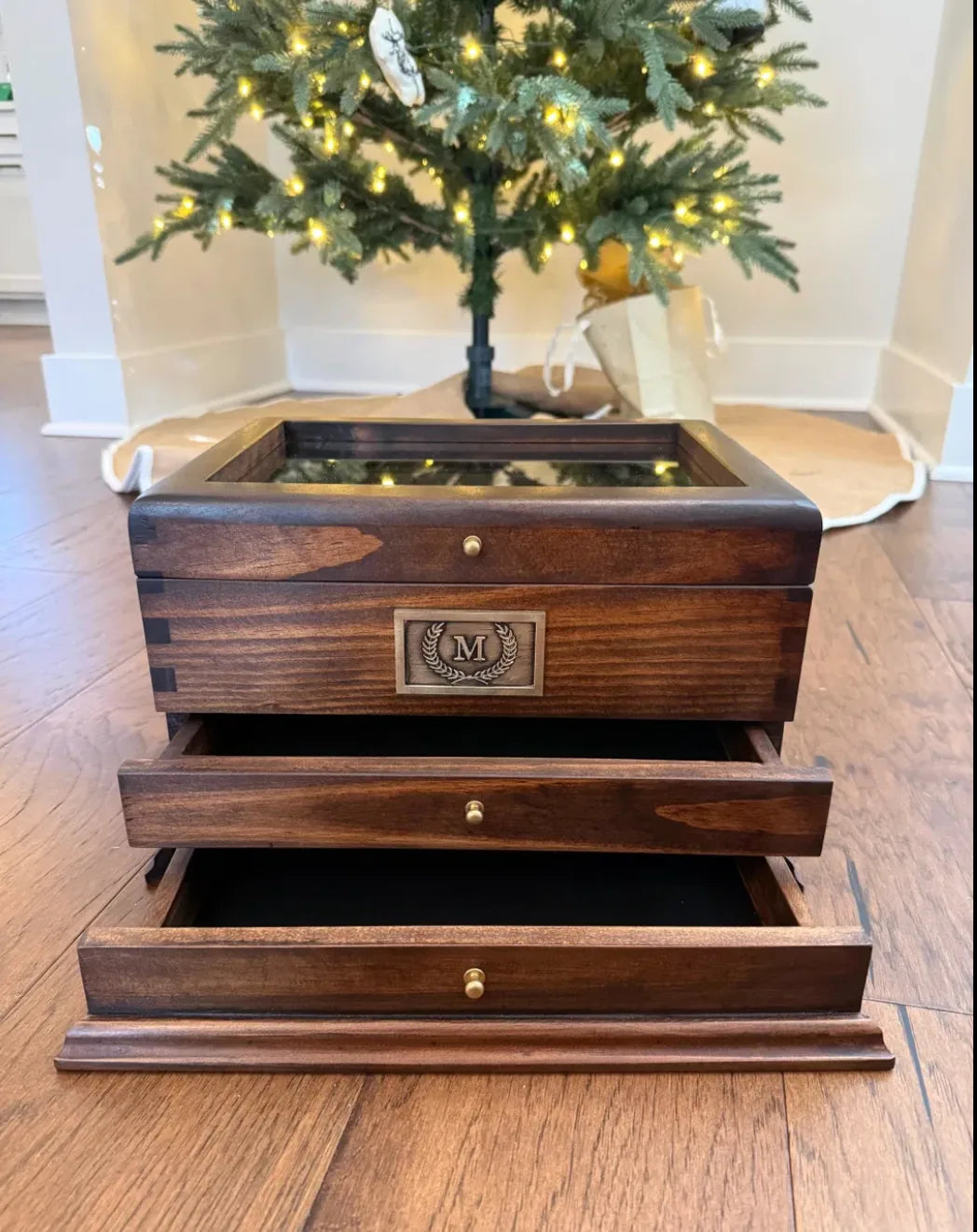 A personalized Deferichs two-drawer watch box photographed beneath a Christmas tree.
