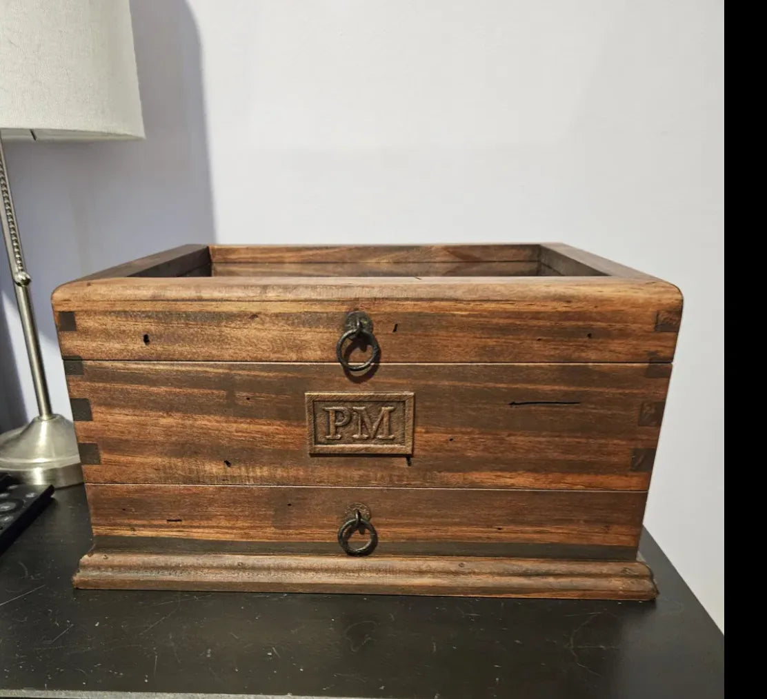 A rustic personalized watch box with PM plate and ring pulls.